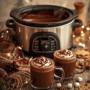 Mug of creamy slow cooker hot chocolate topped with whipped cream for the holidays