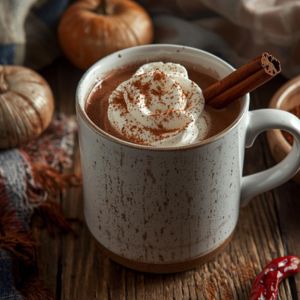Mug of spiked hot chocolate with marshmallows and cinnamon stick