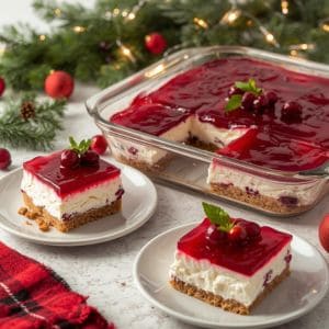 Festive cranberry pretzel salad with creamy filling and pretzel crust
