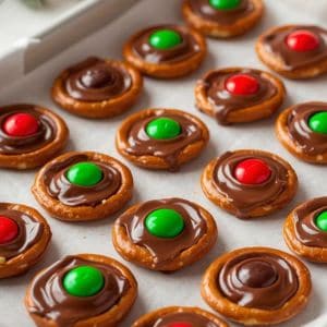 Close-up of assorted Christmas candy like toffee, turtle candy, and bourbon balls on a holiday platter