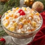Bowl of creamy ambrosia salad with marshmallows, fruit, and coconut