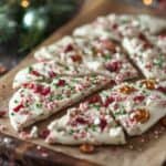 White chocolate peppermint bark topped with crushed candy canes on parchment paper