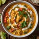 Creamy coconut chicken curry topped with fresh herbs and lime wedges