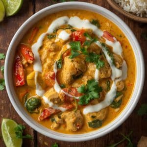 Creamy coconut chicken curry topped with fresh herbs and lime wedges