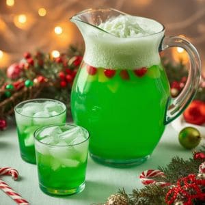Green holiday punch in a clear glass bowl with cherries on top