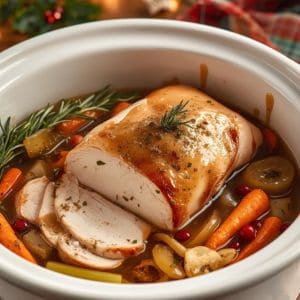 Slow-cooked turkey breast served with gravy and fresh herbs.