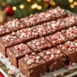 Chocolate peppermint fudge topped with crushed candy canes on a wooden board