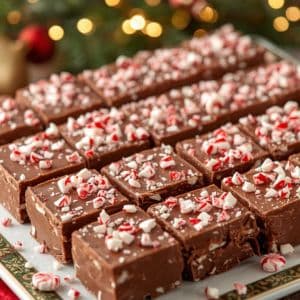 Chocolate peppermint fudge topped with crushed candy canes on a wooden board