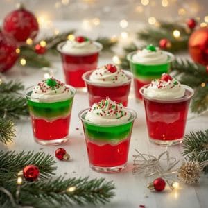 Red and green layered Christmas jello shots in festive cups