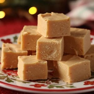 Homemade peanut butter fudge cut into bite-sized pieces with holiday sprinkles