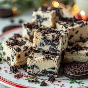 No-bake Oreo fudge on a festive holiday plate