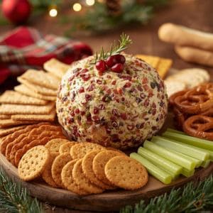 Holiday cheeseball coated in bacon and herbs with crackers on a festive platter
