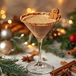Glass of gingerbread martini with cinnamon garnish