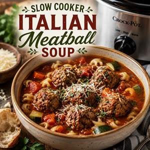 Warm up with a big bowl of Italian meatball soup made in the slow cooker. This hearty recipe combines savory meatballs, zucchini, carrots, tomatoes, pasta, and Parmesan for a delicious homemade meal. A perfect addition to your collection of cozy soup recipes and comforting fall recipes.