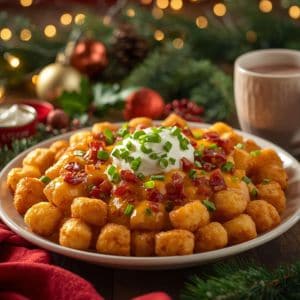 Holiday platter of loaded tater tots with melted cheese and bacon bits