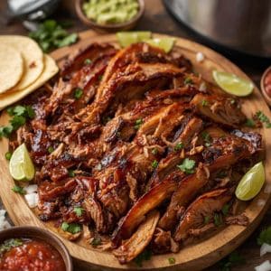 Slow cooker pork carnitas served with rice, beans, and lime wedges