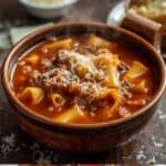 One pot lasagna soup simmering on the stove