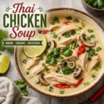 Warm up with a bowl of creamy Thai chicken soup loaded with chicken, mushrooms, herbs, chilies, and bright lime flavor. It's simple enough for an easy family dinner but packed with the delicious flavors you love in Asian food. Save this one with your favorite cozy fall recipes for soup season.