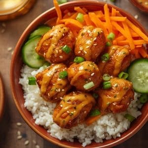 Colorful Bang Bang Chicken Bowl with rice, vegetables, and creamy sauce