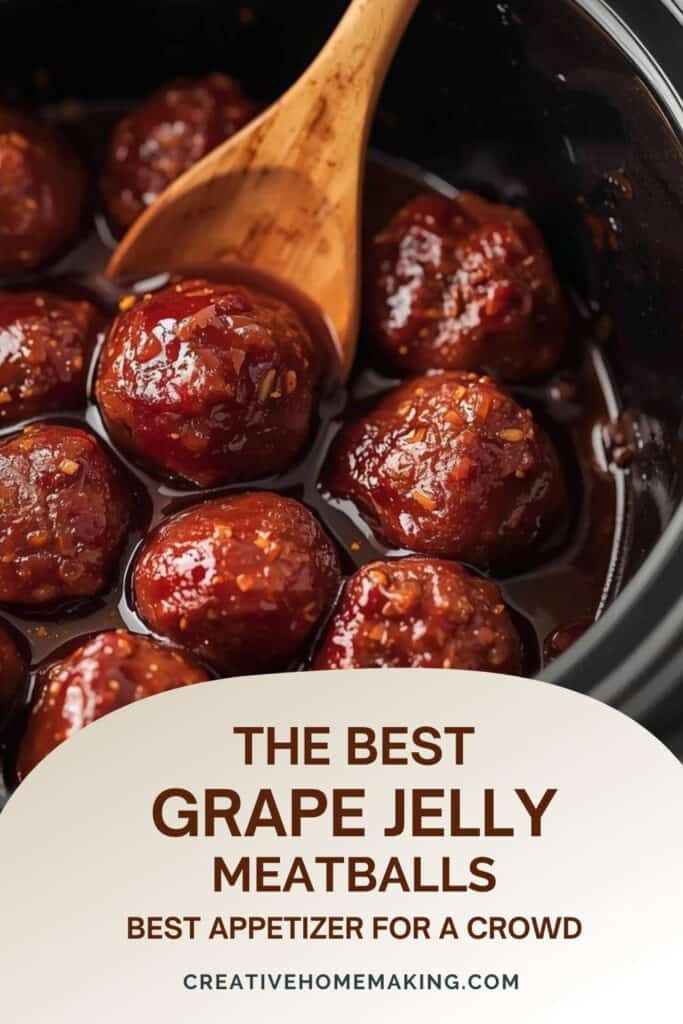 A white slow cooker serving dish filled with meatballs in a thick purple-red sauce.