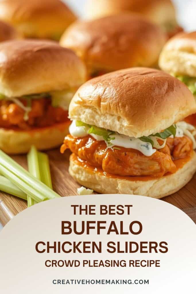 A stack of buffalo chicken sliders on a white plate served with celery sticks and blue cheese dip.