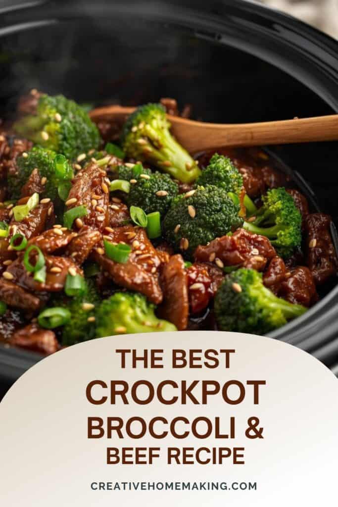 Close-up of glazed beef and broccoli florets garnished with sesame seeds and green onions.