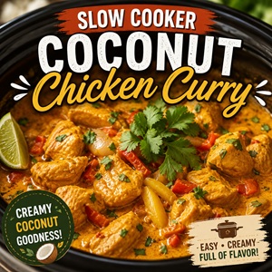 This creamy coconut chicken curry is an easy way to enjoy flavorful Asian food at home. A simple Asian crock pot dinner with tender chicken, warm spices, and creamy coconut milk that makes an easy family dinner for busy weeknights.