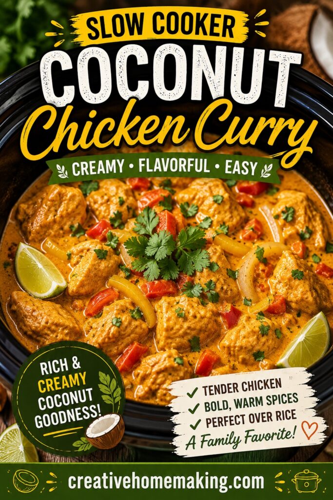 Skip takeout and make this creamy coconut chicken curry in the slow cooker! This flavorful Asian food recipe is an easy Asian crock pot dinner that's perfect when you need an easy family dinner with plenty of flavor.