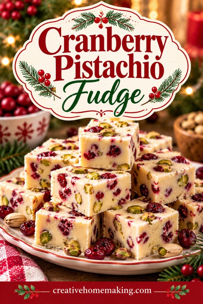 This cranberry pistachio fudge is a beautiful addition to your Christmas dessert table! Creamy white fudge is filled with tart dried cranberries and crunchy green pistachios for a festive combination of flavors and colors. Make a batch for Christmas parties, holiday dessert trays, cookie exchanges, or homemade food gifts. Save this easy Christmas fudge recipe for your holiday baking!