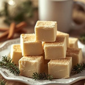 Classic eggnog fudge squares stacked with holiday ribbons