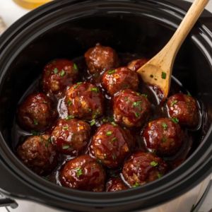A collage of different flavored slow cooker meatballs including BBQ, Teriyaki, and Sweet and Sour.