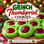 These Grinch thumbprint cookies are a fun and festive addition to your Christmas baking! Bright green cookies filled with glossy red jam make a colorful holiday treat that looks beautiful on any dessert tray. They're perfect for Christmas parties, holiday baking with kids, Christmas cookie exchanges, and festive family gatherings. Save this easy Grinch cookie recipe for the holidays!