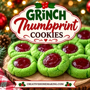 These Grinch thumbprint cookies are a fun and festive addition to your Christmas baking! Bright green cookies filled with glossy red jam make a colorful holiday treat that looks beautiful on any dessert tray. They're perfect for Christmas parties, holiday baking with kids, Christmas cookie exchanges, and festive family gatherings. Save this easy Grinch cookie recipe for the holidays!