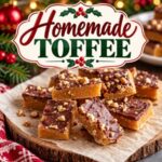 Looking for homemade Christmas candy ideas? This easy toffee recipe is a holiday favorite! Buttery caramelized toffee, chocolate, and crunchy nuts come together for a delicious treat that's perfect for Christmas parties, family gatherings, and holiday gift boxes.