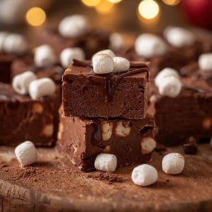 Creamy hot cocoa fudge with marshmallow topping on a holiday plate