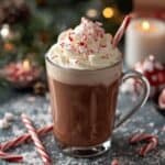 A mug of creamy peppermint hot chocolate topped with whipped cream and crushed candy canes