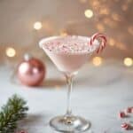 Peppermint martini in a glass with crushed candy cane rim
