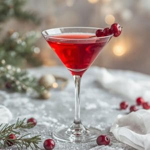Festive cranberry martini cocktail with ice and holiday decorations