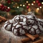 A white gift box filled with several chocolate crinkle cookies, tied with a red ribbon and a small sprig of evergreen.