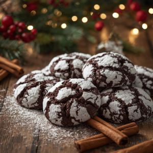 A white gift box filled with several chocolate crinkle cookies, tied with a red ribbon and a small sprig of evergreen.