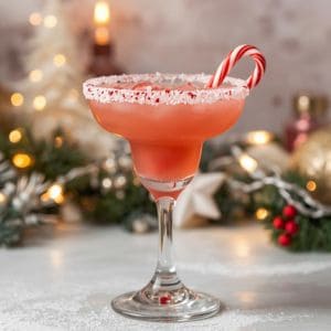 Holiday candy cane margarita in a glass with candy cane garnish