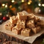 Sliced maple walnut fudge on a wooden board with pine branches