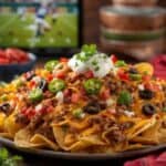 Crispy tortilla chips topped with ground beef, cheese, and fresh veggies