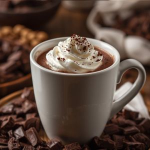 Steaming cup of French hot chocolate on a wooden table