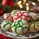 Close-up of soft jello cookies decorated with red and green sugar