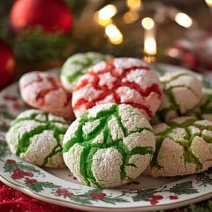 Close-up of soft jello cookies decorated with red and green sugar