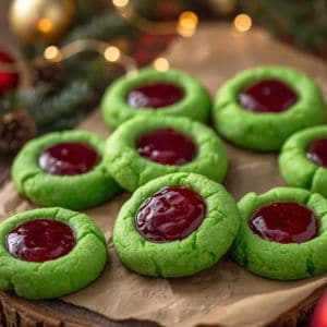 Close-up of freshly baked green Grinch Thumbprint Cookies with red jam