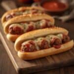 A slow cooker filled with meatballs in marinara sauce next to a pile of fresh hoagie rolls.