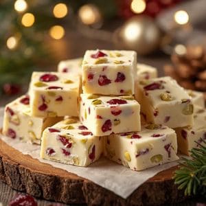 Homemade cranberry pistachio fudge in a holiday-themed dish