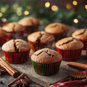 A close-up of a dark, spiced gingerbread muffin with a dusting of powdered sugar on a rustic wooden board.
